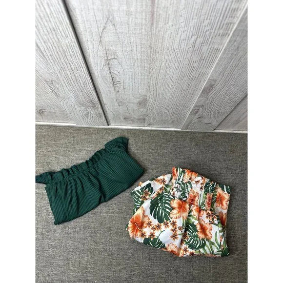 Girls 2-Piece Green Off-Shoulder Top & Floral Shorts Set Size 11-12Y Summer - Picture 1 of 10